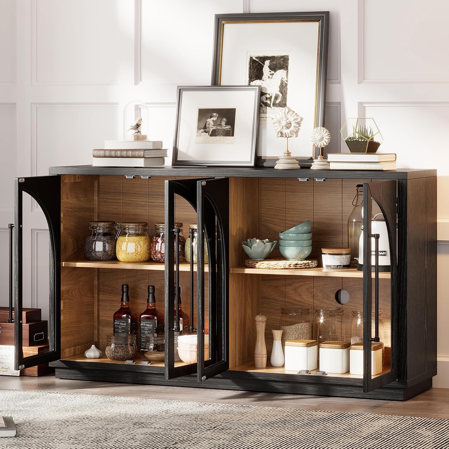 Large Arched Kitchen Sideboard, Wooden Storage Cabinet with Glass Doors with Adjustable Shelves for Kitchen, Dining Room and Bathroom (Black)