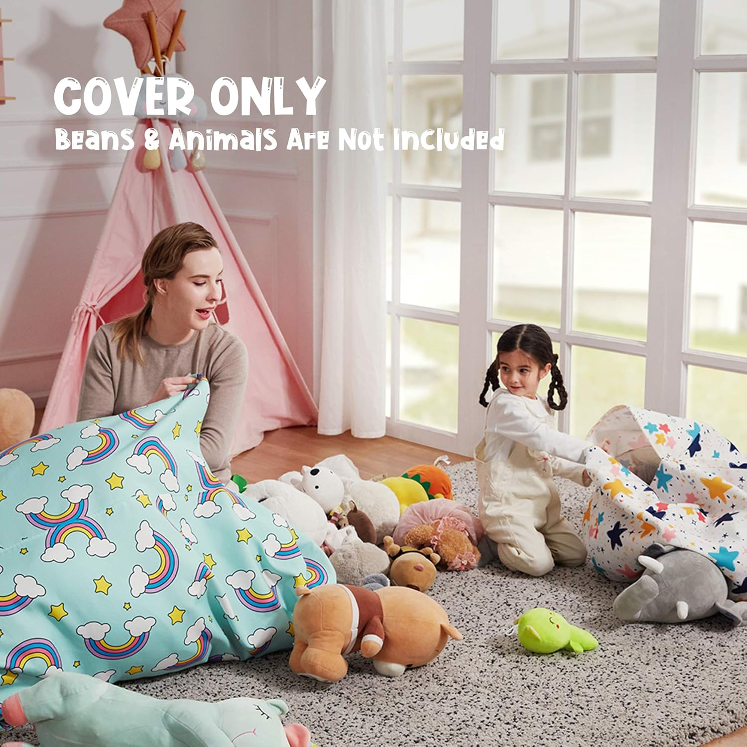 Stuffed Animal Storage Bean Bag Chair Cover for Kids Teens (No Filler) 250L Washable Large Beanbag Cover for Kids' Room Organizing Plush Toys or Home Living Room Textile,Mermaid