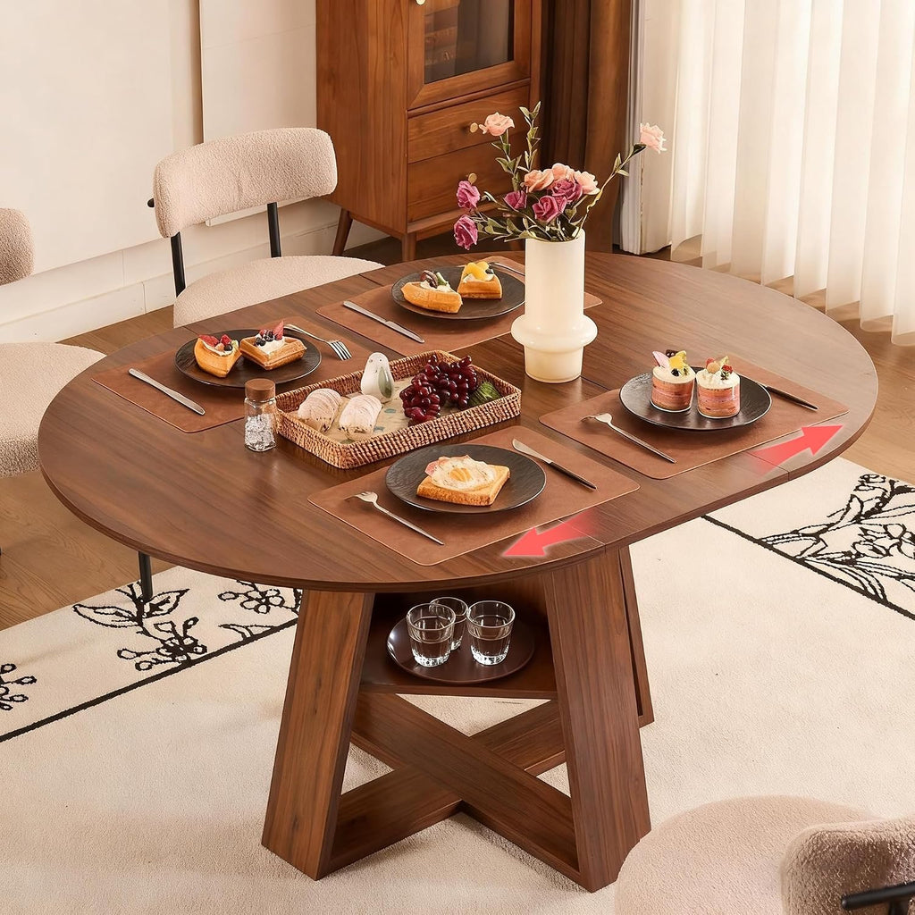 ClinQ 43.3-59in Extendable Round Room Dining Table for 4-6, Modern Kitchen Oval Dining Room Table, Removable Leaves Space Saving, Wooden Base Storage Shelf, Kitchen, Living Room, Dining Room, LWalnut
