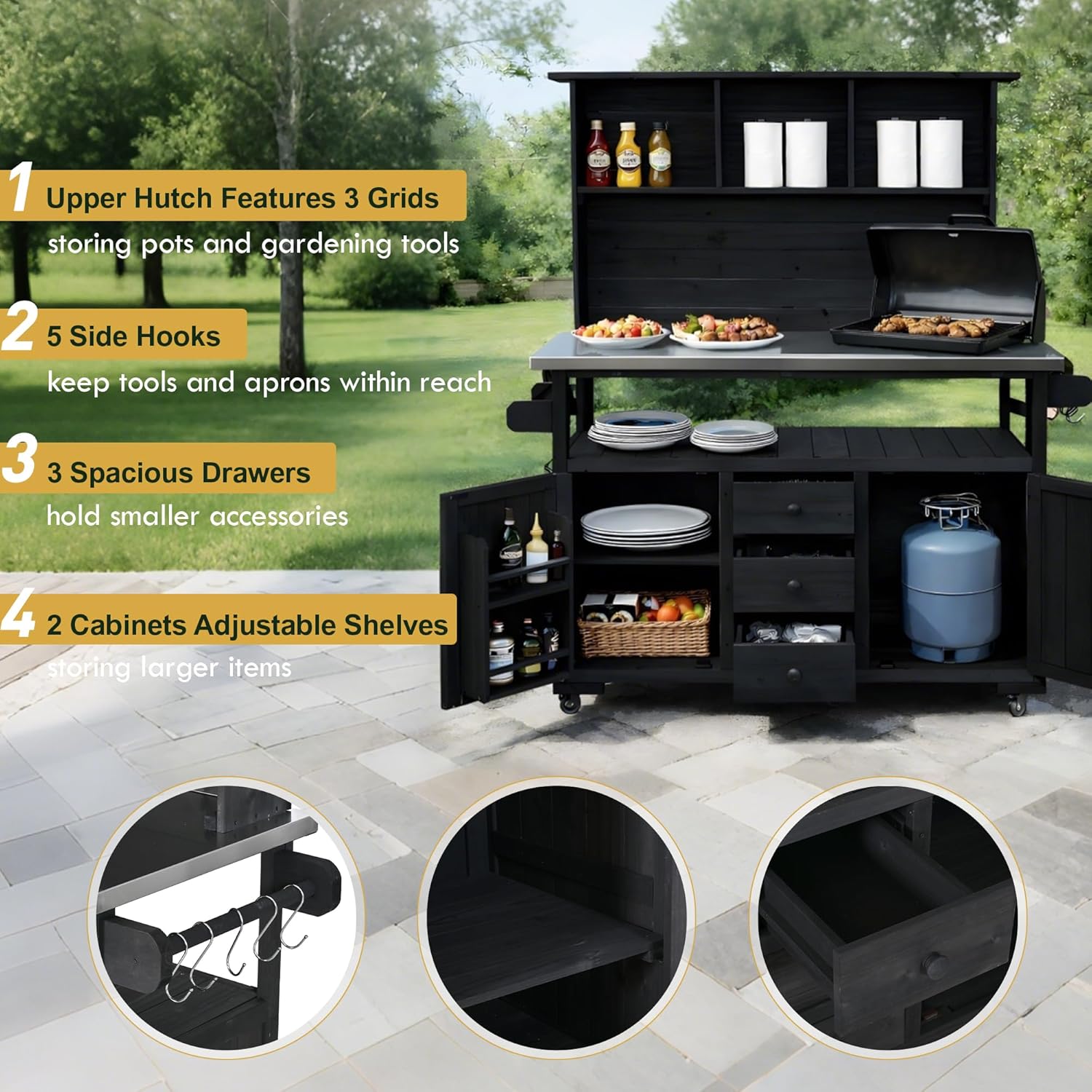65''H Large Garden Storage Potting Bench with Lockable Wheels, Wood Outdoor Kitchen Island with Stainless Steel top, Drawers, Door Shelves and Hutch (Black-Wheels)