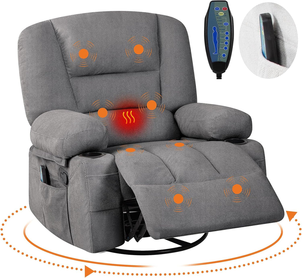 Swivel Rocker Recliner Chair with Heat and Massage, 360° Swivel Vibration Recliner Nursery Glider with Side Pocket and Cup Holders for Living Room, Bedroom, Home Theater Dark Grey
