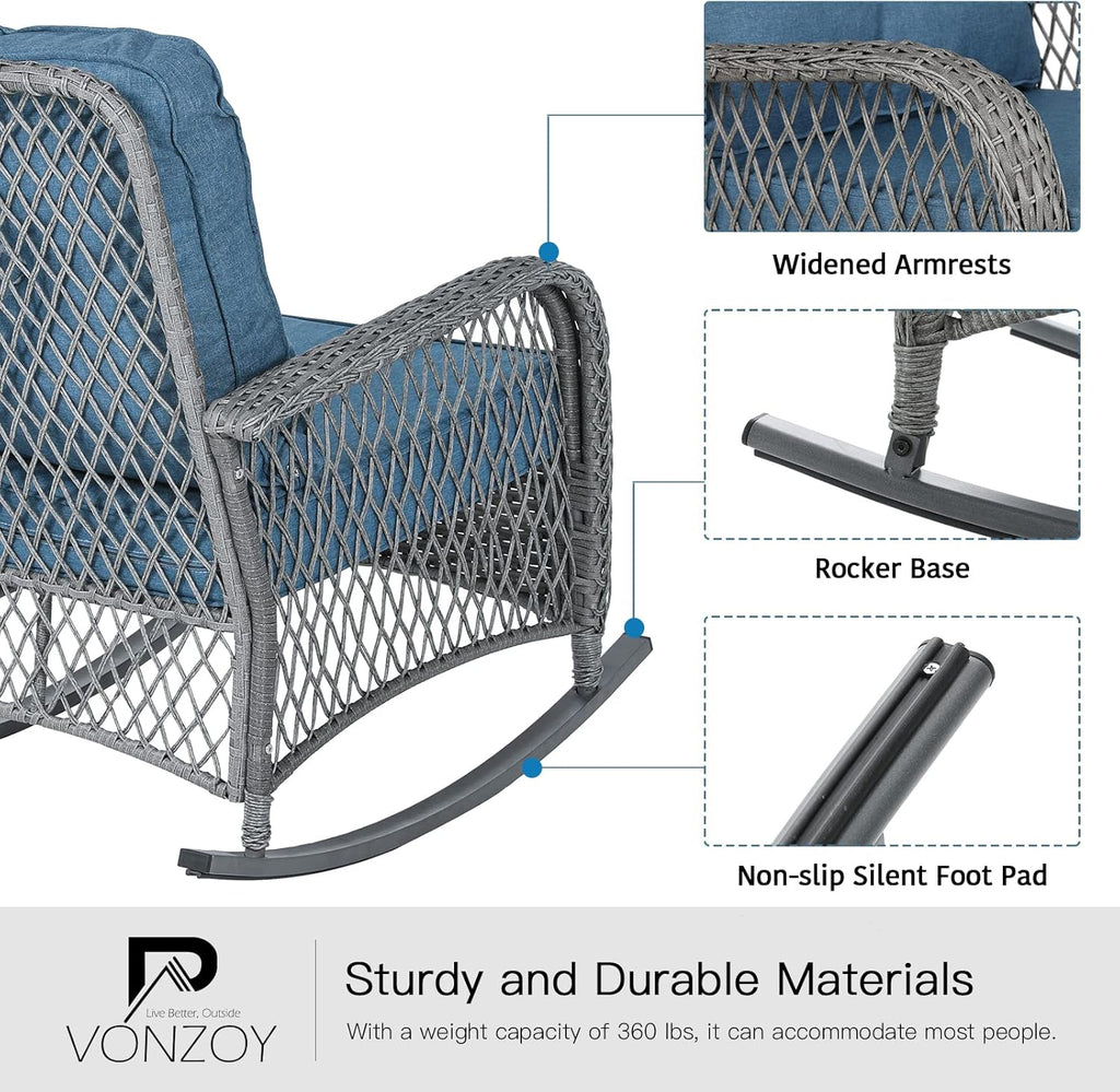 Patio Furniture Set 3 Pieces, Wicker Rocking Bistro Set with Thick Cushions, Outdoor Rocker Chairs and Coffee Table for Porch, Backyard or Garden (Blue)
