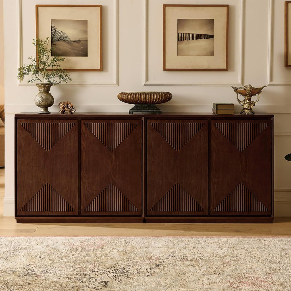 LKTART Mid Century Modern Sideboard Buffet Storage Cabinet with Doors and Shelves,Wood Coffee Bar Storage Cabinets for Kitchen, Dining Room, Living Room-Dark Walnut