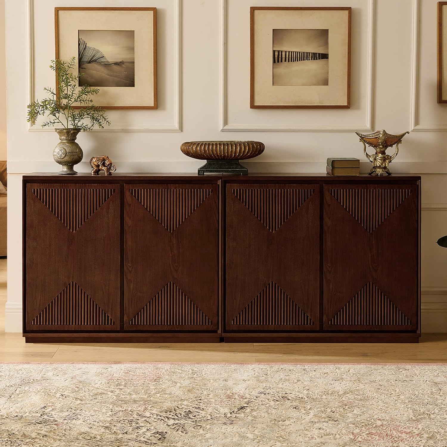 LKTART Mid Century Modern Sideboard Buffet Storage Cabinet with Doors and Shelves,Wood Coffee Bar Storage Cabinets for Kitchen, Dining Room, Living Room-Dark Walnut