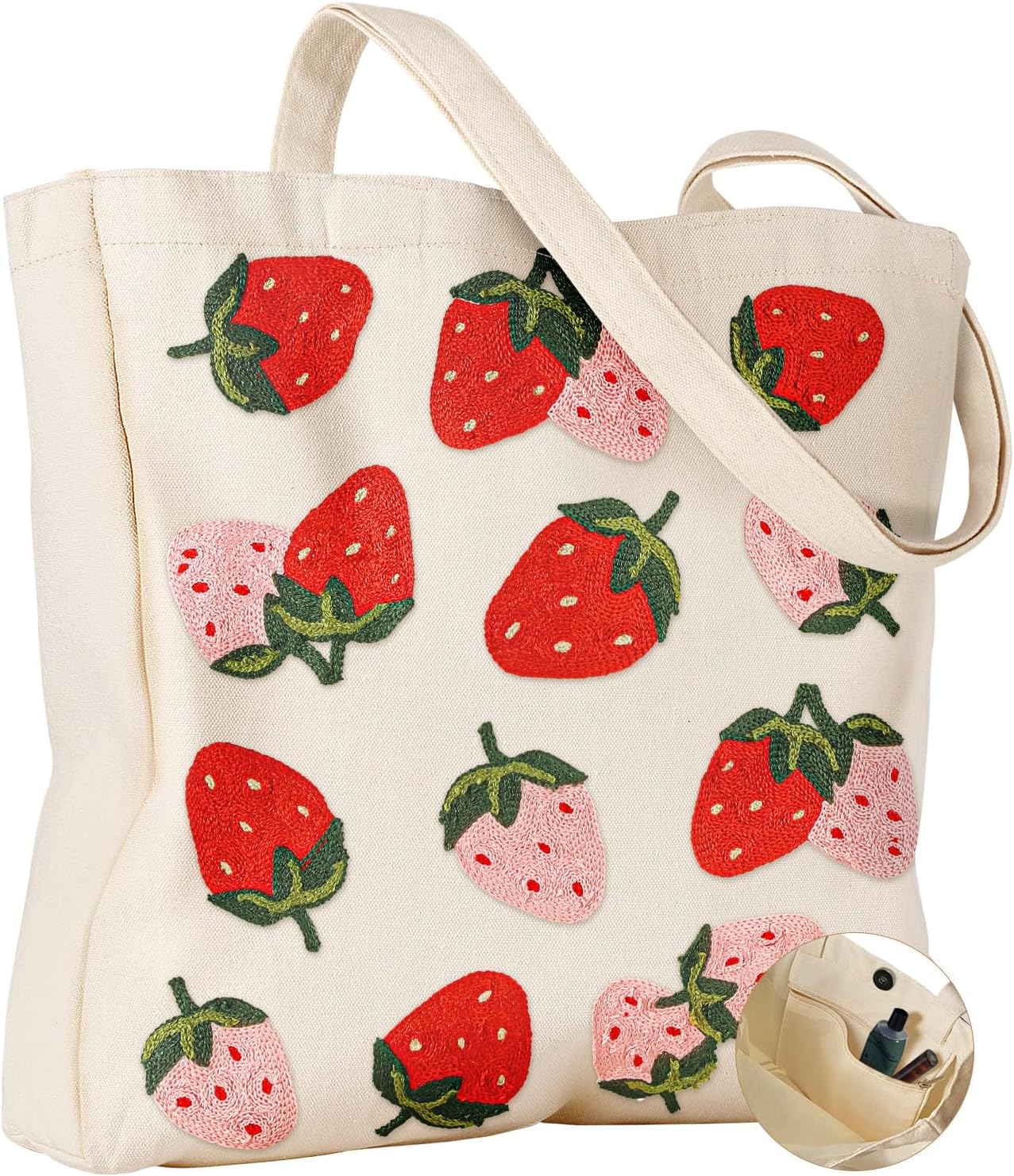 Miss Adola Embroidery Tote Bag with Pocket & Buckle - Reusable Canvas Tote for Women Cute Aesthetic Work Shopping Grocery Bag