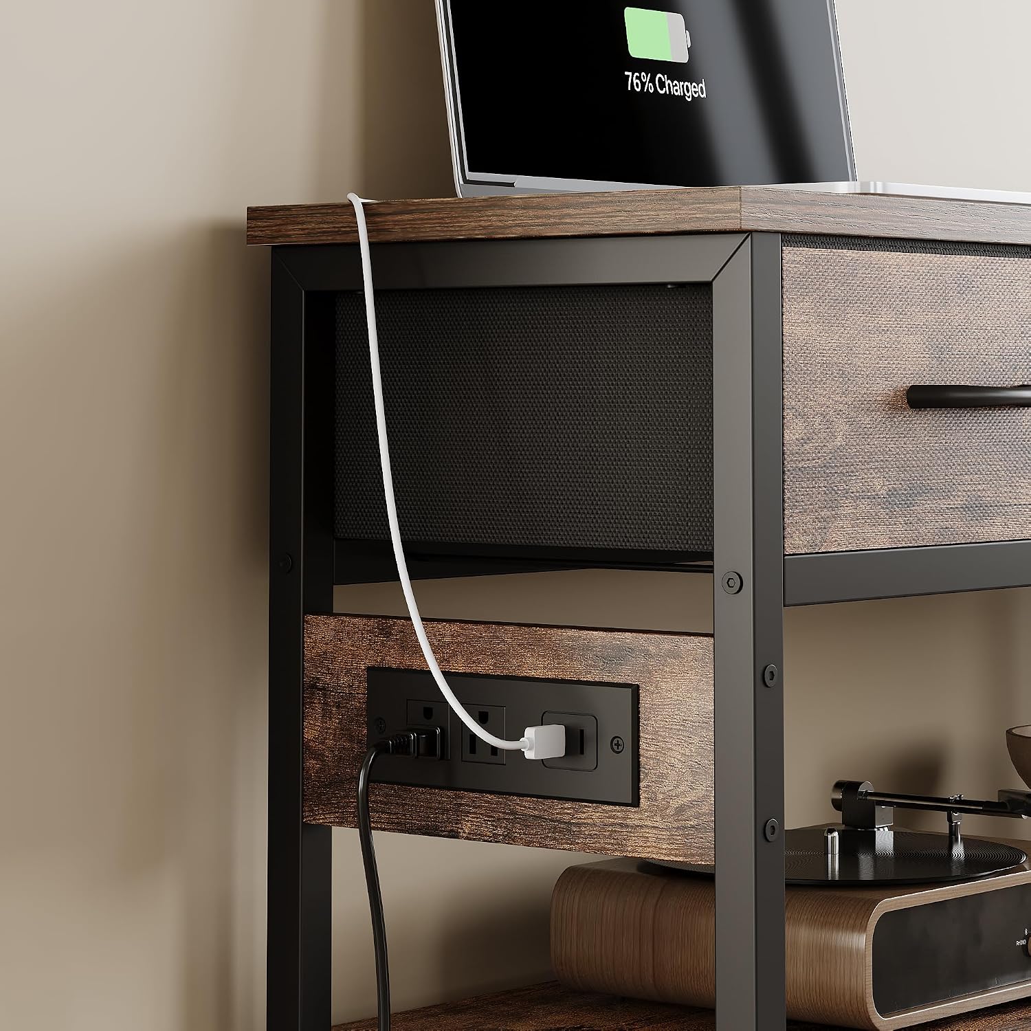 2 Pack Entryway Table with Outlets, 3 Fabric Drawers, 43in | 43.3"W x 11.8"D entry table with 2 outlets, 2 USB ports, swappable plug side, adjustable feet and anti-tip kit.