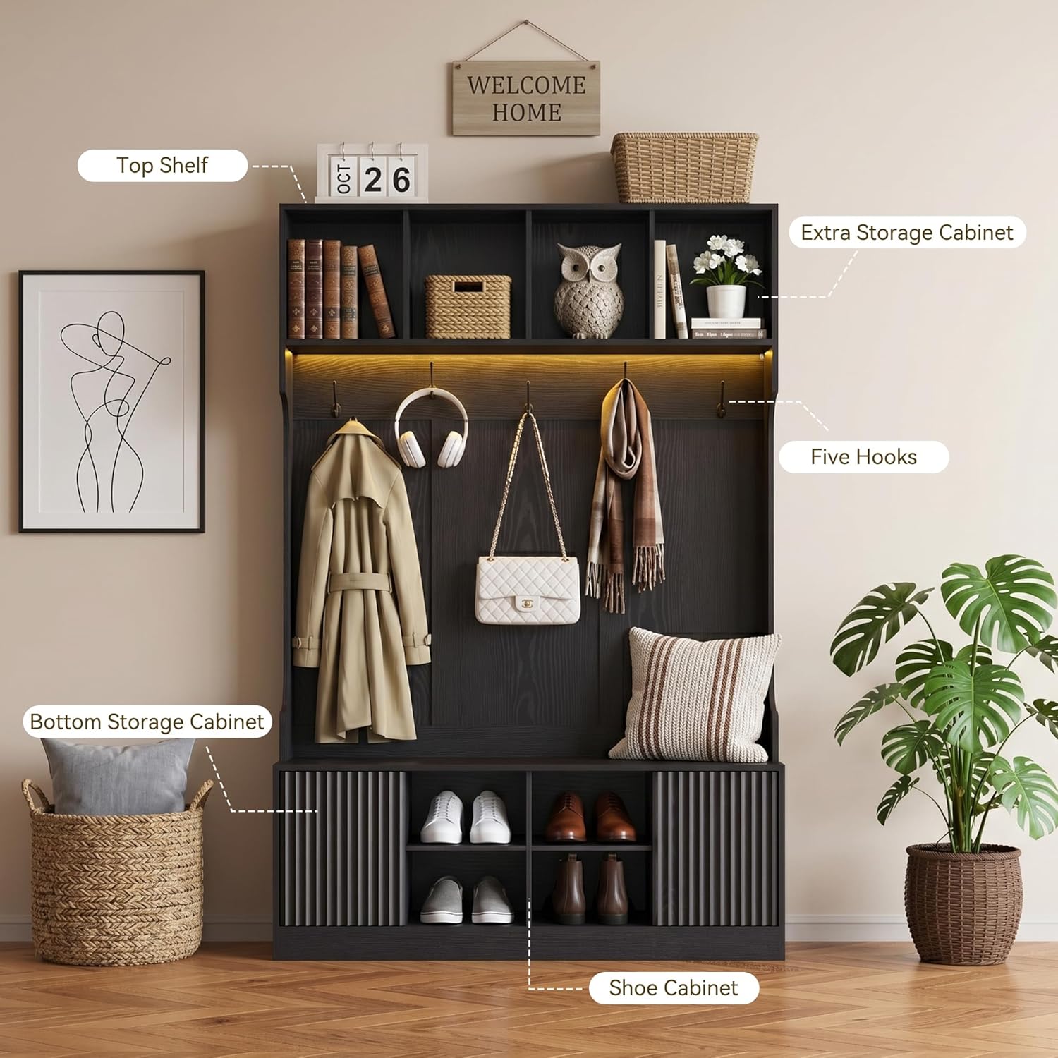 Hall Tree with LED Light, Coat Rack with Storage Bench, Modern Freestanding Entryway Organizer with Shoe Cabinet, Hallway Storage Bench with 5 Hooks, Open Shelves and Fluted Doors, Black