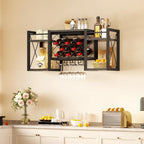 Wall Mounted Wine Rack with Glass Holder, Wood-Metal Retro Bar Shelf, Wine Bottles Display Wall Storage for Kitchen Dining Room Home Bar, Black