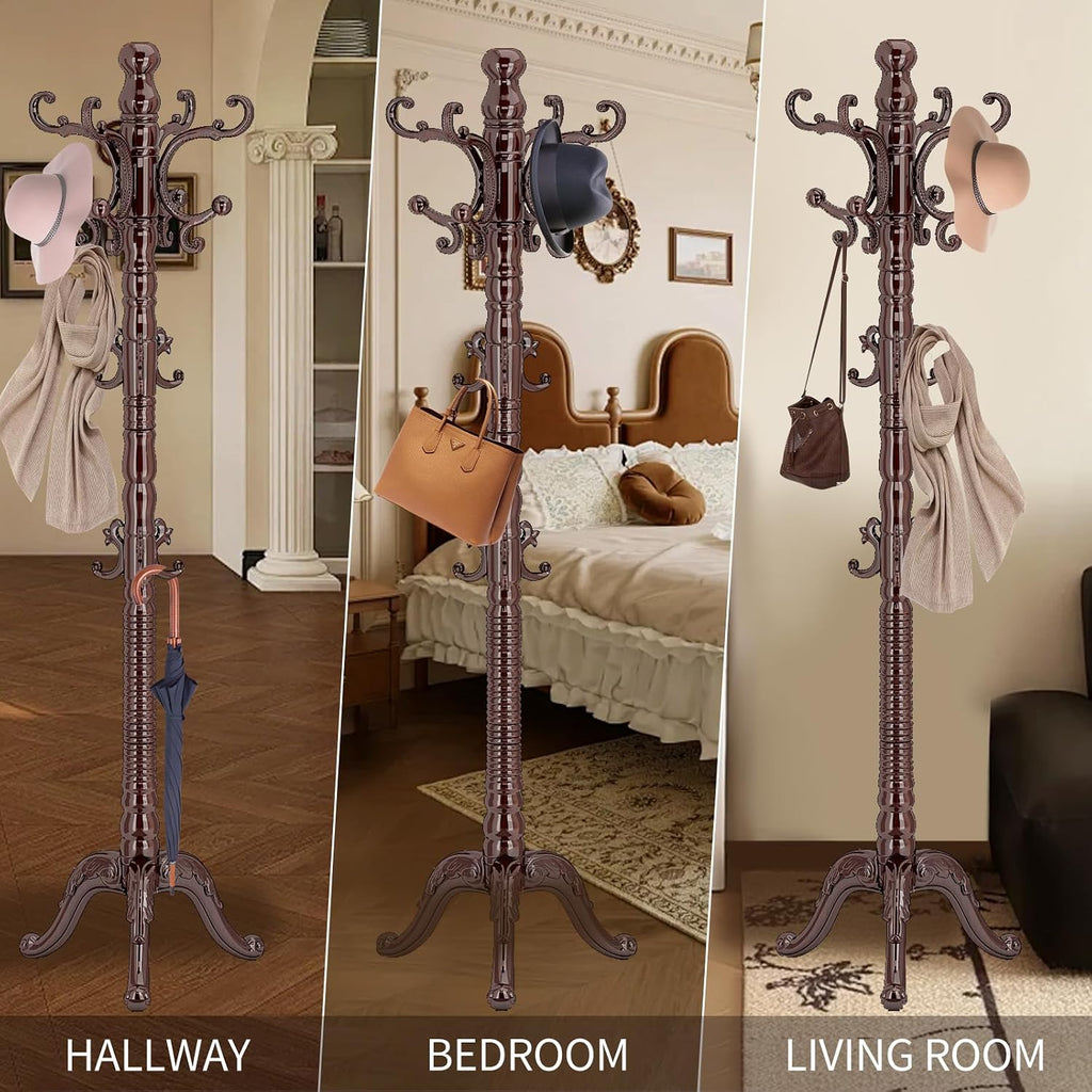 Wood Coat Rack Stand, Classic Wooden Coat Rack Freestanding with Sturdy Triangle Base, Vintage Coat Racks with 14 Hooks, Natural Birch Wood Entryway Corner Office Coat Hall Tree Hanger Stand