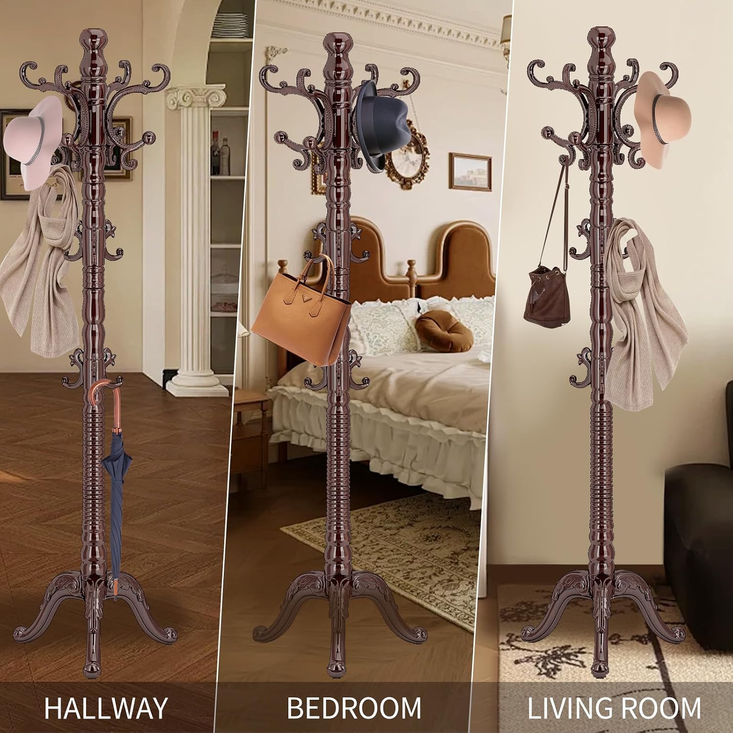 Wood Coat Rack Stand, Classic Wooden Coat Rack Freestanding with Sturdy Triangle Base, Vintage Coat Racks with 14 Hooks, Natural Birch Wood Entryway Corner Office Coat Hall Tree Hanger Stand