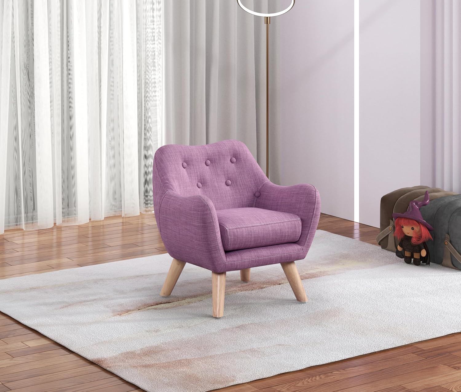 19.5" W Pink Linen Chair with Button Tufted Back and Wooden Legs