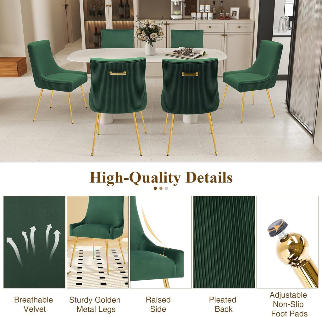 adochr Velvet Dining Chairs Set of 2, Modern Upholstered Kitchen Chair with Pull Handle & Pleated Back, Mid Century Accent Chair with Gold Metal Legs for Vanity,Dining,Kitchen,Living Room, Green