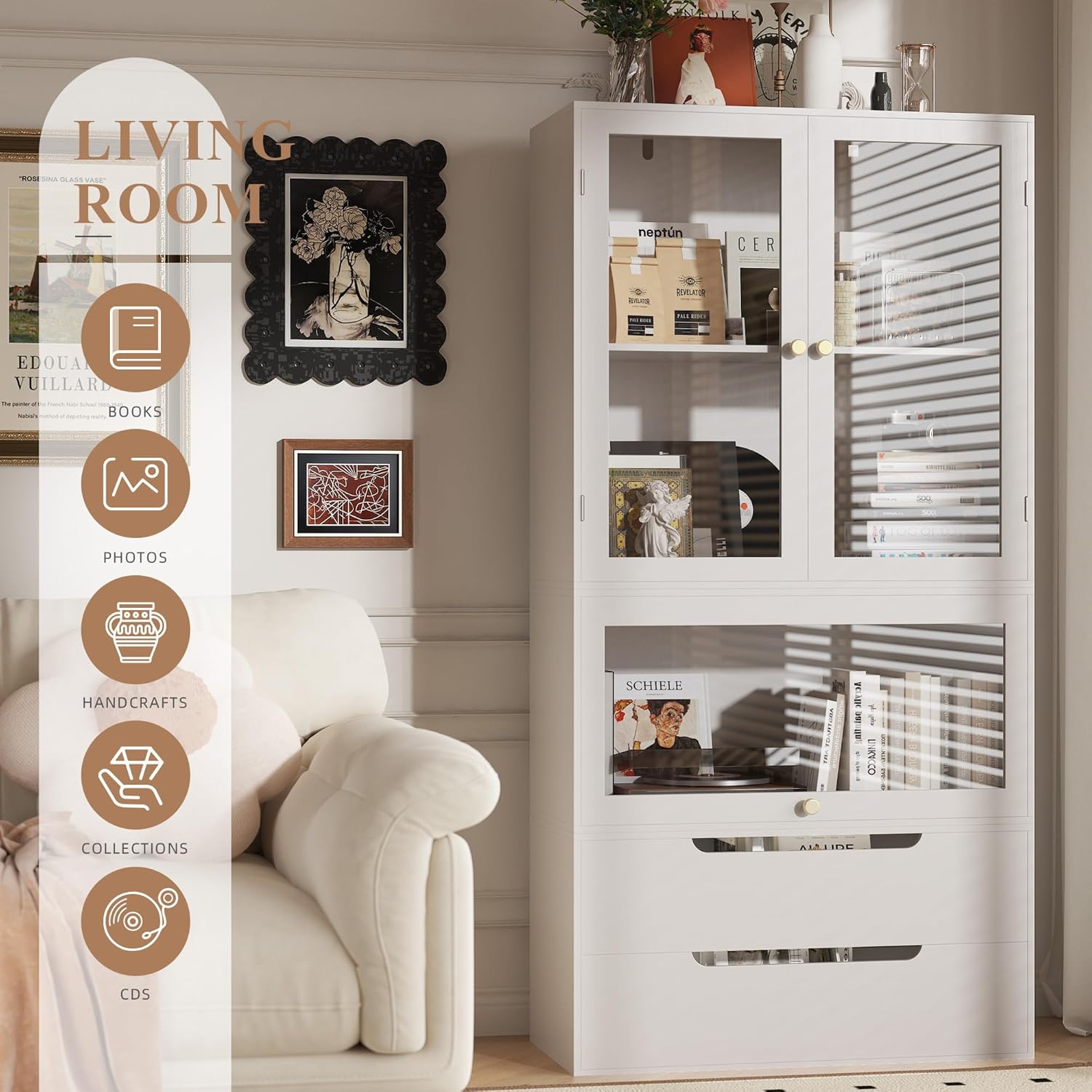 Easyego 63‘’Storage Cabinet,Sideboard Buffet Cabinet with Glass Doors and Drawers,Modern Wood Coffee Bar for Kitchen, Living Room,Dining Room，Entryway (White)