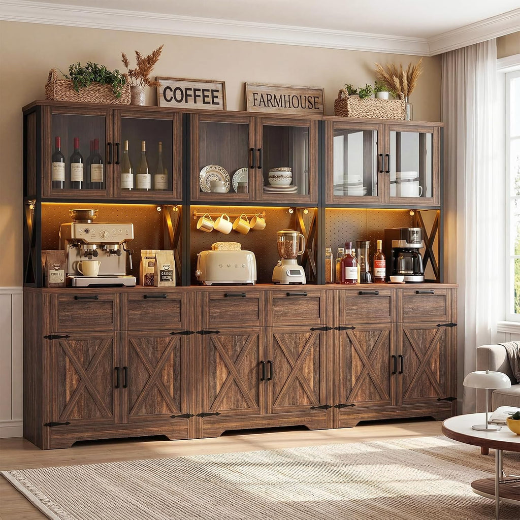 Unikito 94.5" Wide Kitchen Pantry Cabinet with 3 Power Outlets & LED Light, 71" Tall Large Kitchen Hutch with Countertop, DIY Pegboard with 18 Hooks & 6 Drawers, Farmhouse Food Pantry, Weathered Brown