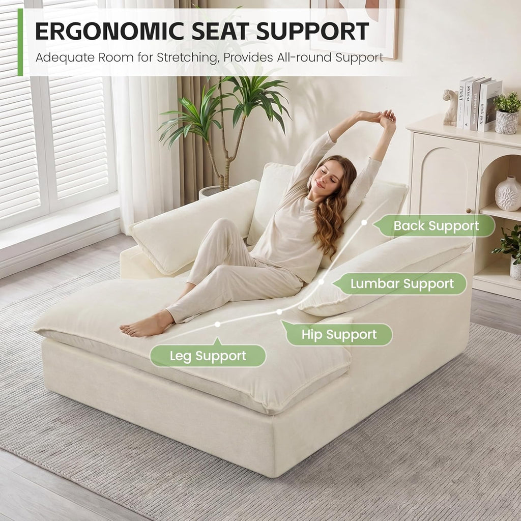 HUBSON 69" Oversized Boneless Chaise Lounge Chair Indoor, Comfy Deep Seat Sleeper Lounge Couch, Upholstered Chenille Cloud Chairs for Living Room, Bedroom, Apartment, No Assembly Required, Beige