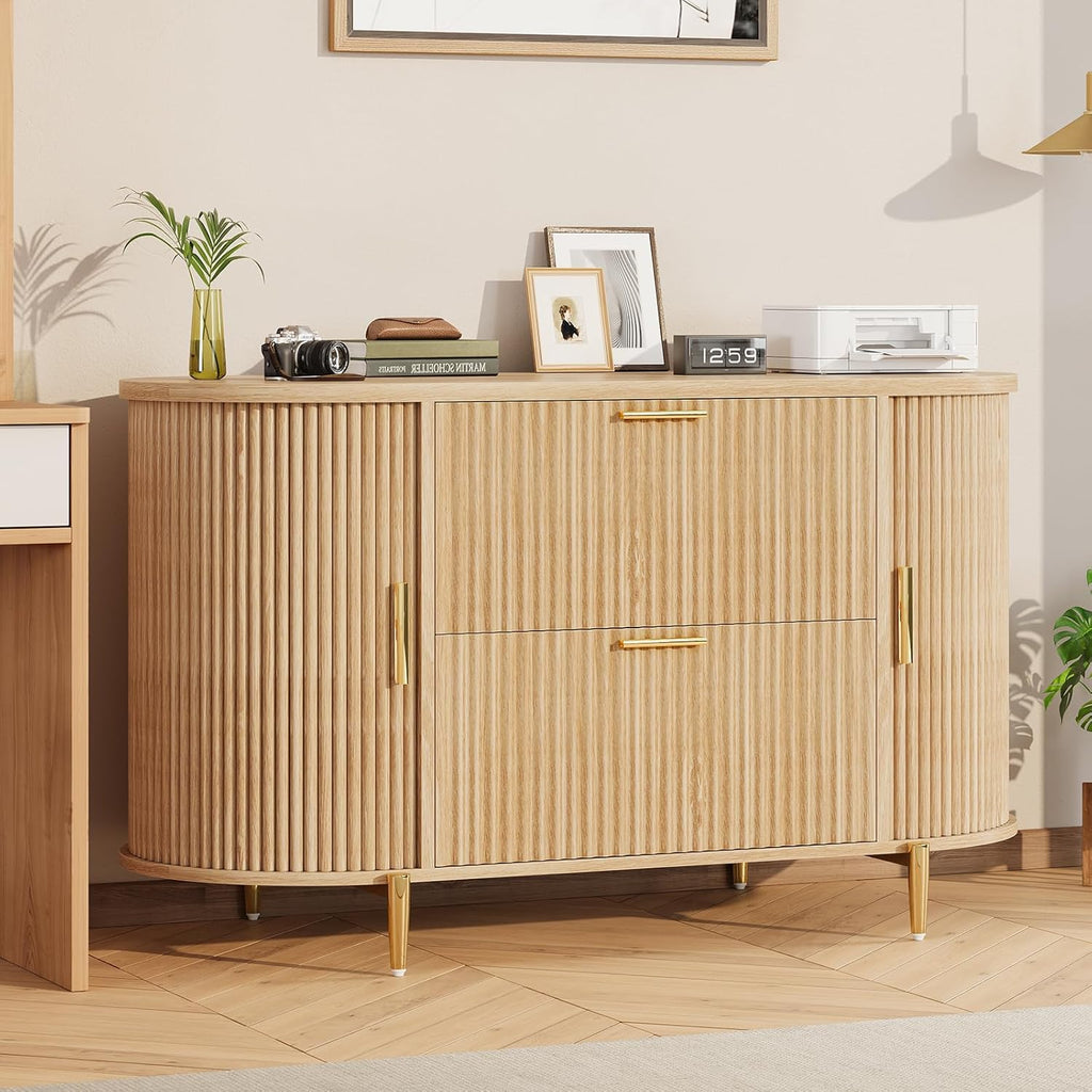 SEDETA 2 Drawer File Cabinet, 39.4" Filing Cabinet for Home Office, fit Legal/Letter/A4 Size, Modern Fluted Filing Cabinets with 2 Sliding Door Storage, Printer Stand, Natural