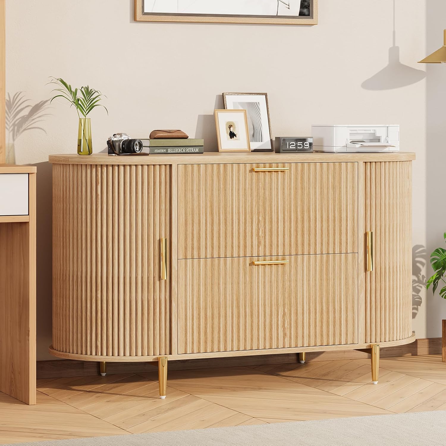 SEDETA 2 Drawer File Cabinet, 39.4" Filing Cabinet for Home Office, fit Legal/Letter/A4 Size, Modern Fluted Filing Cabinets with 2 Sliding Door Storage, Printer Stand, Natural