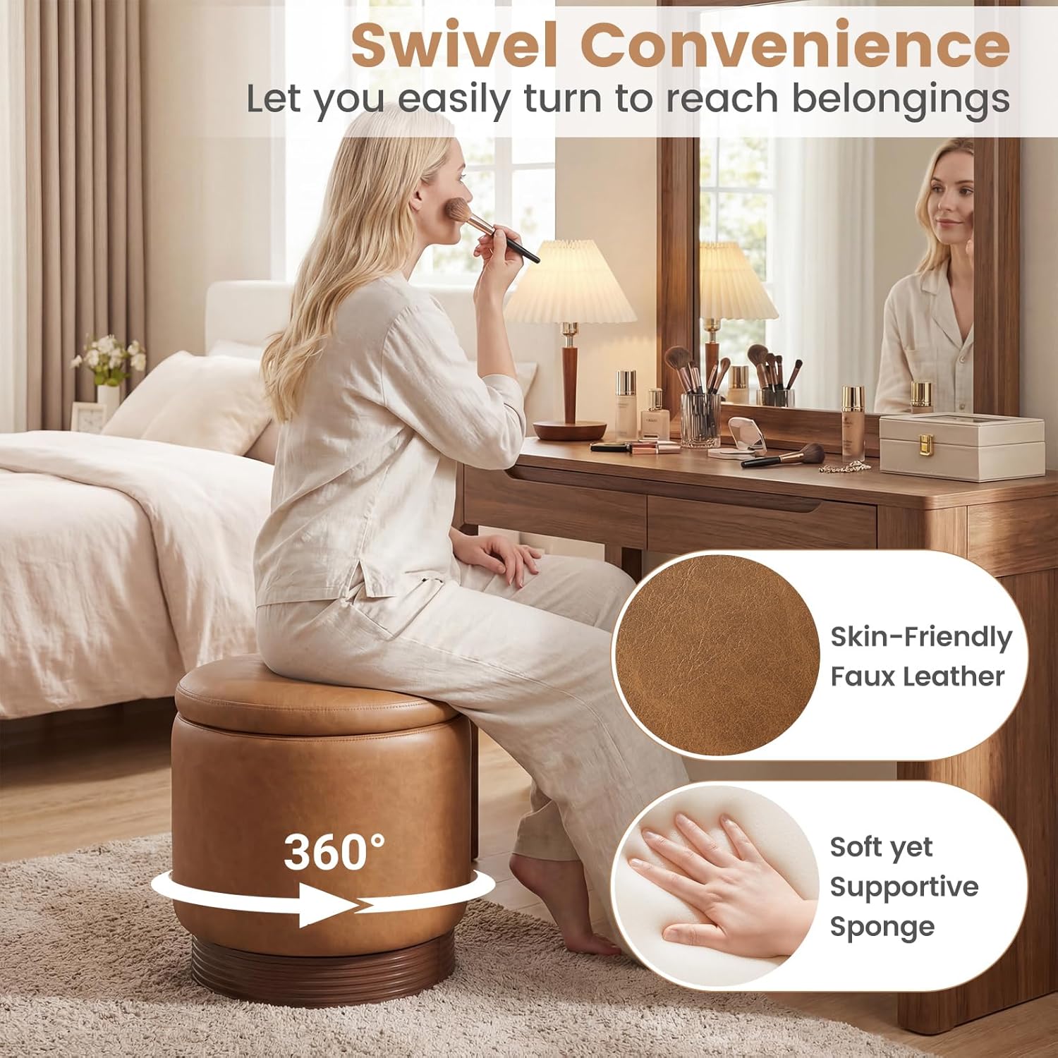 Giantex Round Ottoman with Storage, 360° Swivel Faux Leather Vanity Stool with Removable Lid & Acacia Wood Frame, Ottoman Foot Rest for Living Room, Bedroom, Makeup Room