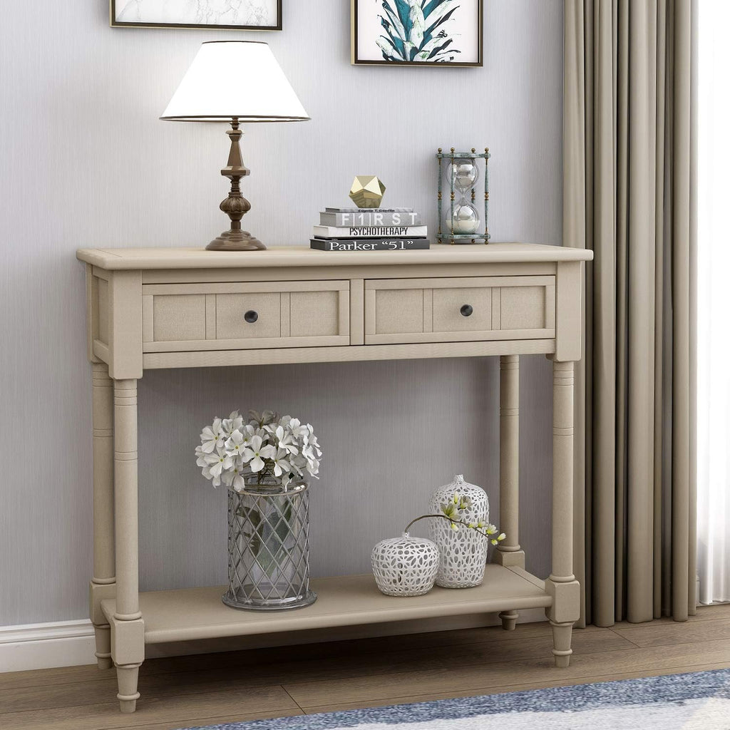 GDFStudio Daisy Series Console Table, Retro Grey Solid Pine Wood Frame with Two Storage Drawers and Bottom Shelf, Traditional Vintage Accent Furniture for Entryway, Living Room, or Dining Room