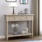 GDFStudio Daisy Series Console Table, Retro Grey Solid Pine Wood Frame with Two Storage Drawers and Bottom Shelf, Traditional Vintage Accent Furniture for Entryway, Living Room, or Dining Room