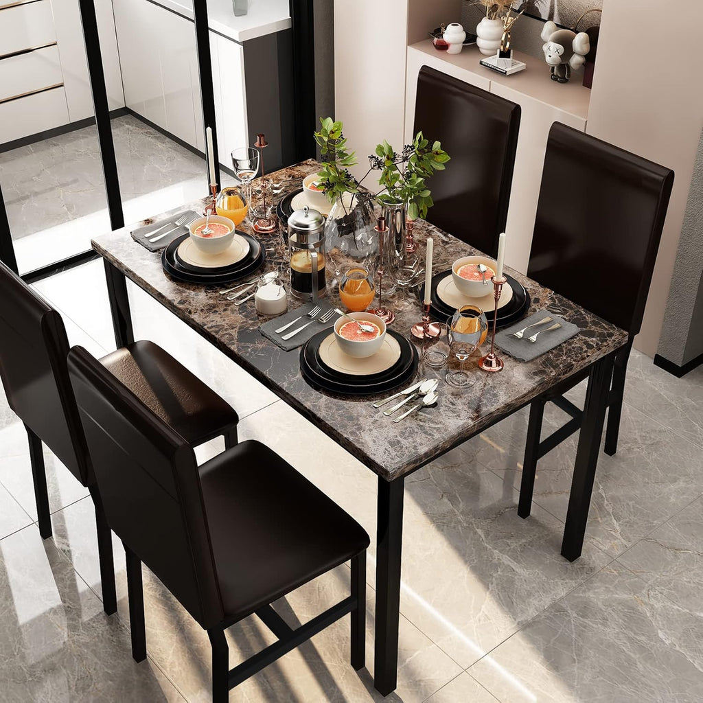 Lamerge Dining Table Set for 4, Faux Marble Table and 4 PU Leather Chairs, Kitchen Table and Chairs for 4, Modern Dining Room Table Sets for Small Spaces, Living Room, Breakfast Nook, (Coffee Color)