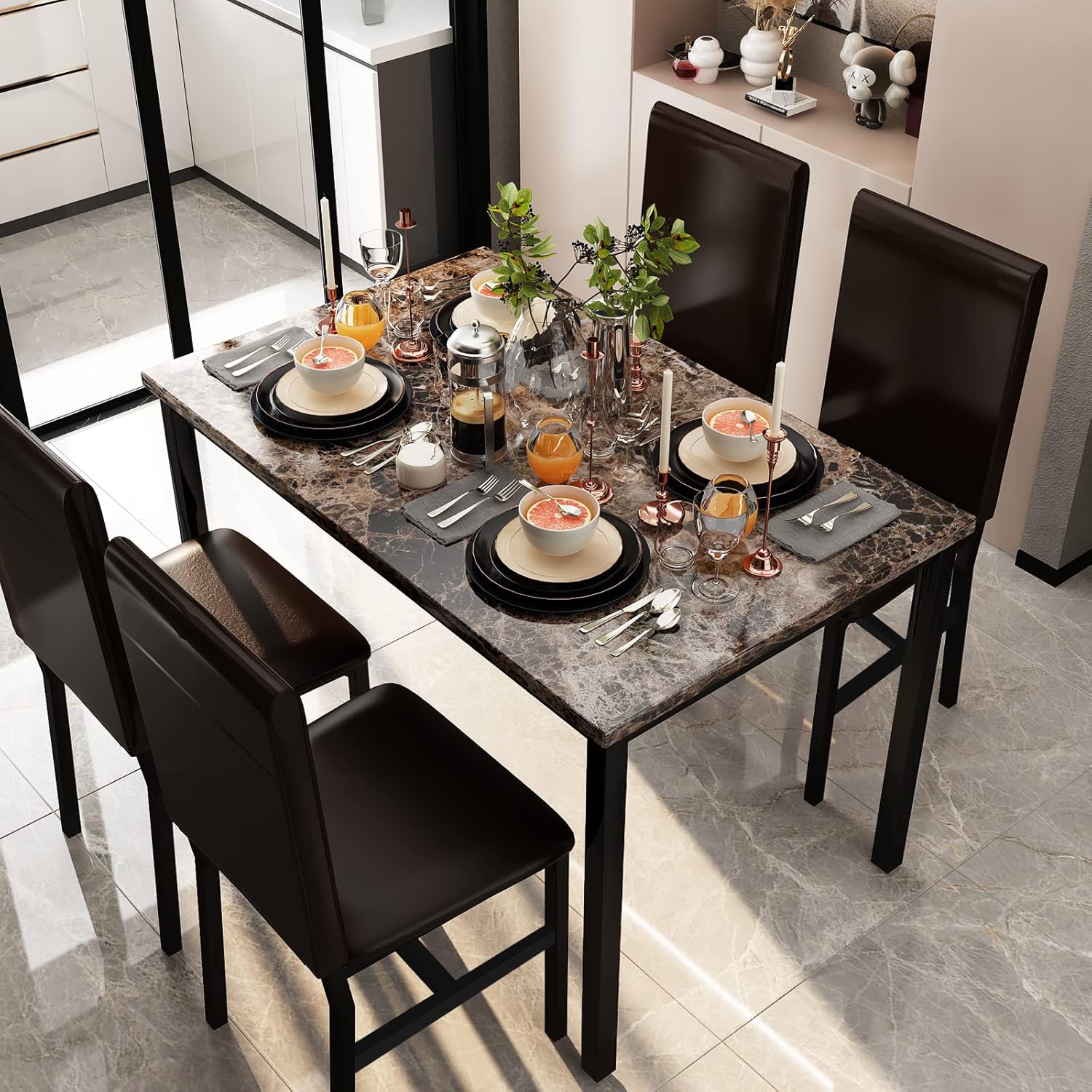 Lamerge Dining Table Set for 4, Faux Marble Table and 4 PU Leather Chairs, Kitchen Table and Chairs for 4, Modern Dining Room Table Sets for Small Spaces, Living Room, Breakfast Nook, (Coffee Color)