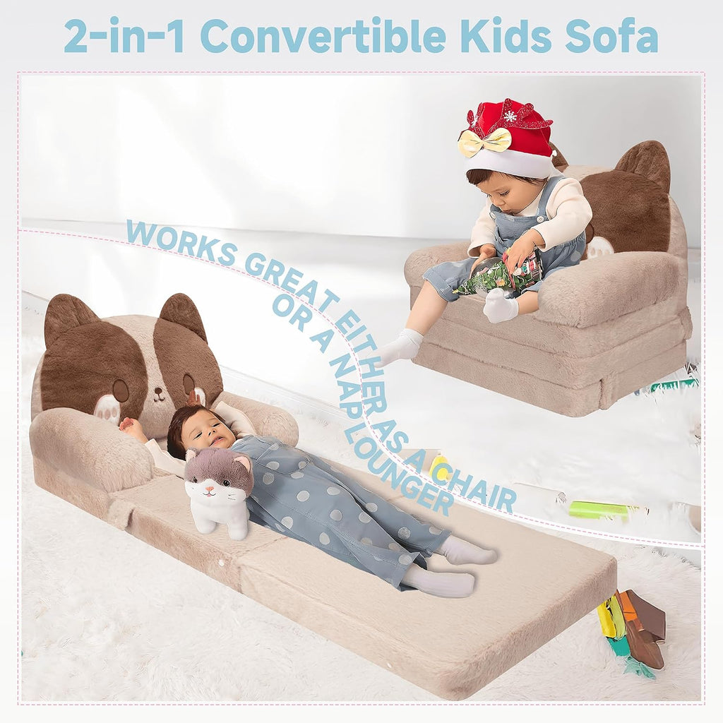 MONKISS Kids Couch, Comfy Toddler Chair, 2 in 1 Fold Out Kids Sofa, Baby Sitting Chair with Washable Cover, Toddler Furniture for Reading, TV and Playroom, Birthday Gift, 1-4 Years Old, Cute Dog