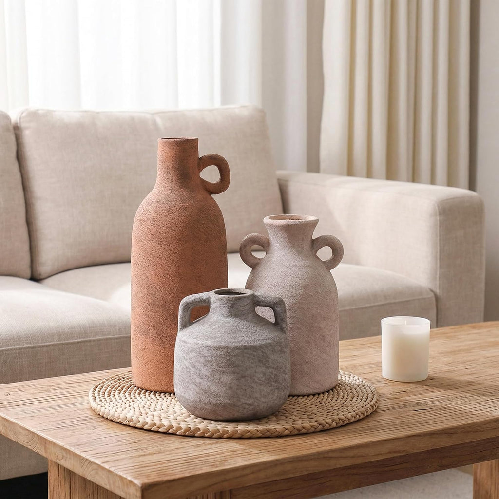 Ceramic Vase Set, 3Pcs Flower Vases for Modern Boho Farmhouse Decor, Decorative Vases for Pampas Grass & Dried Flowers, Distressed Finish