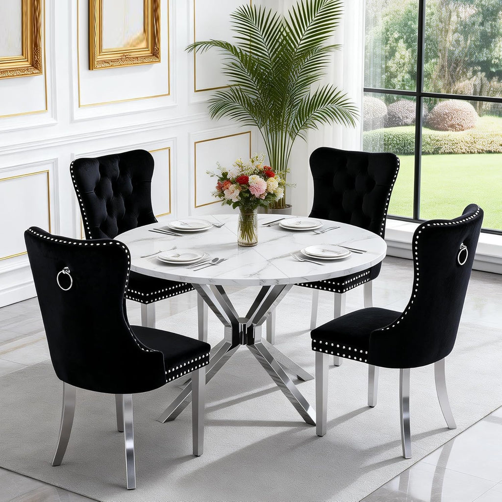 47.2" Round Dining Table Set for 4, White Faux Marble Kitchen Table & 4 Black Velvet Chairs with Silver Stainless Steel Legs, Luxury 5 Piece Round Dining Room Table Set for Kitchen Dining