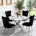 47.2" Round Dining Table Set for 4, White Faux Marble Kitchen Table & 4 Black Velvet Chairs with Silver Stainless Steel Legs, Luxury 5 Piece Round Dining Room Table Set for Kitchen Dining