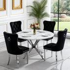 47.2" Round Dining Table Set for 4, White Faux Marble Kitchen Table & 4 Black Velvet Chairs with Silver Stainless Steel Legs, Luxury 5 Piece Round Dining Room Table Set for Kitchen Dining