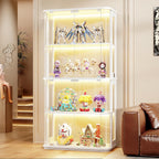 BROTTAR Rounded Display Cabinet with Glass Door, 4-Tier Curio Cabinet with Transparent Full-Display Surface, Glass Display Case with 3 Color Lights for Collectibles, Human Body Sensor, White