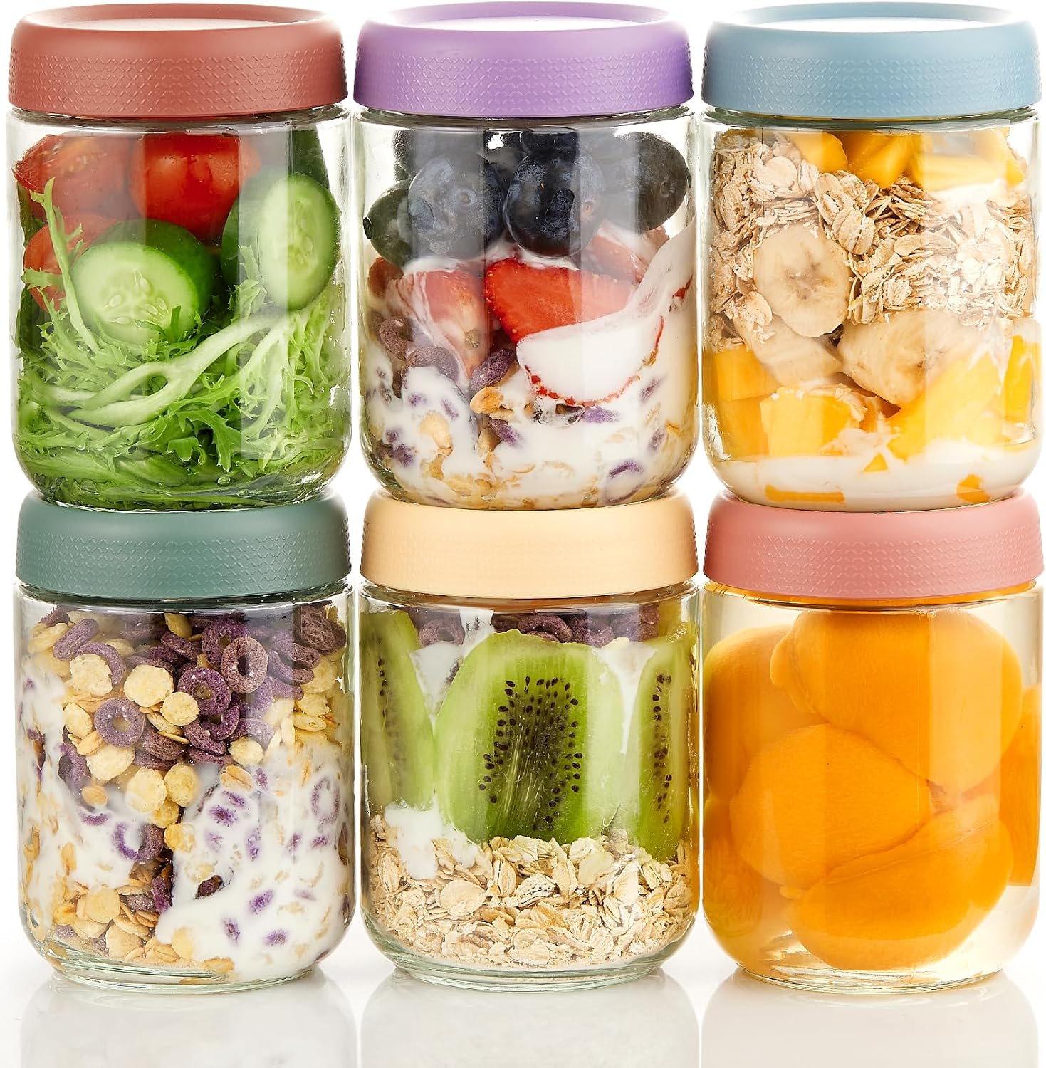 6 Pack Overnight Oats Containers with Lids, Wide Mouth Mason Salad jars 16oz, Glass Jar with Airtight Lids, Salad Meal Prep Jars for Food Storage, Overnight Oats Jars for Milk, Fruit