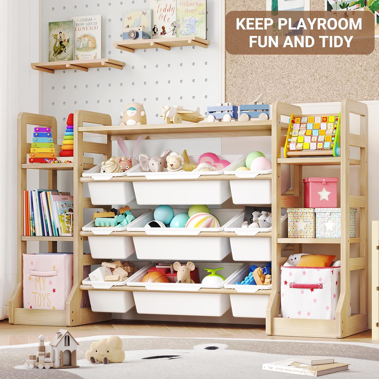 Kids Toy Storage Organizer with Bookshelf, Wooden Toy Shelf with 6 Open Shelves and 9 Removable Bins, Extended Base Sturdy Storage Cabinet for Playroom, Kids Room, Nursery Organization