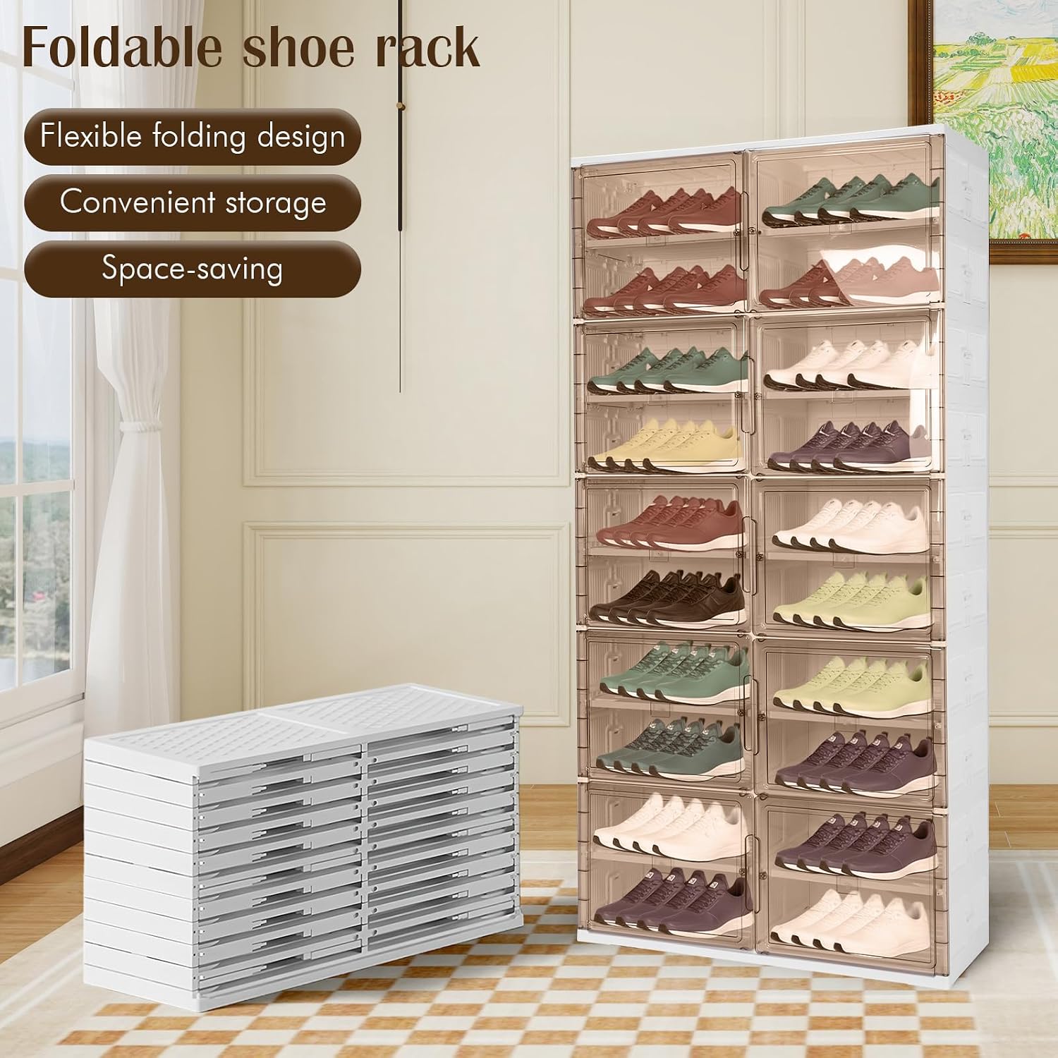 10 Tiers 40 Pairs Large Plastic Folding Shoe Cabinet with Doors Easy Assembly Shoe Shelves Organizer for Entryway Living Room