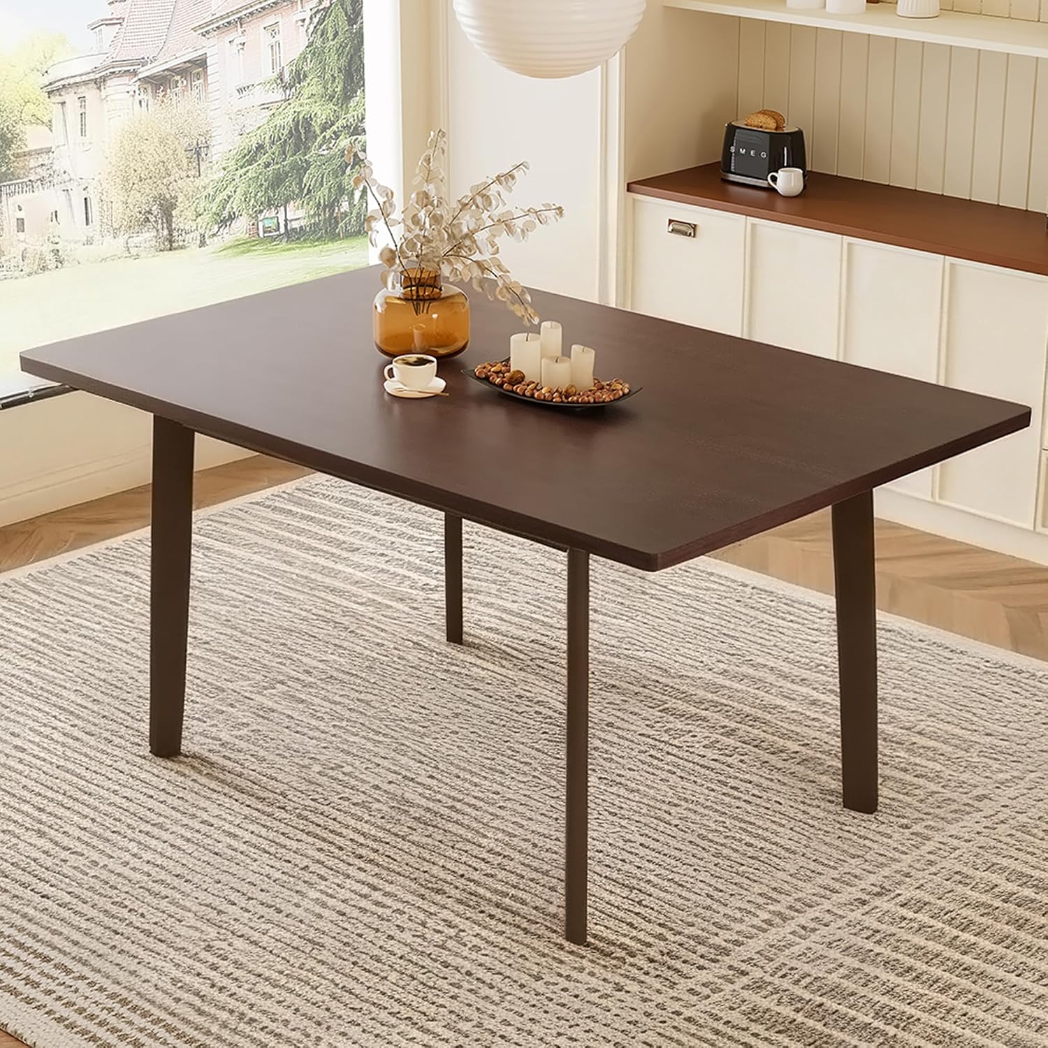 60" Dining Table for 6-8, Large Rectangular Kitchen Table, MDF Top with Rubber Wood Legs, Sturdy Modern Farmhouse Table for Dining Room Kitchen, Walnut
