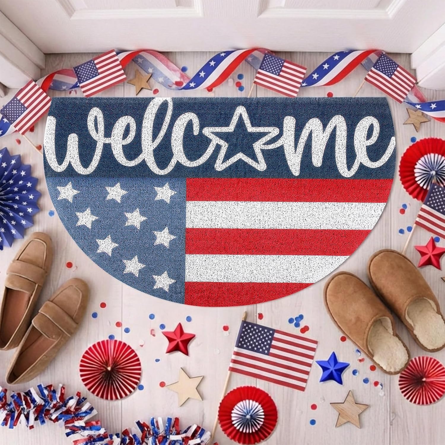 Tinideya Patriotic Welcome Doormat Outdoor 250 Anniversary 4th of July Coir Door Mat USA Red Blue White Indoor Entrance Door Mat America Non-Slip Rubber Backing for Independence Day Front Porch Decor