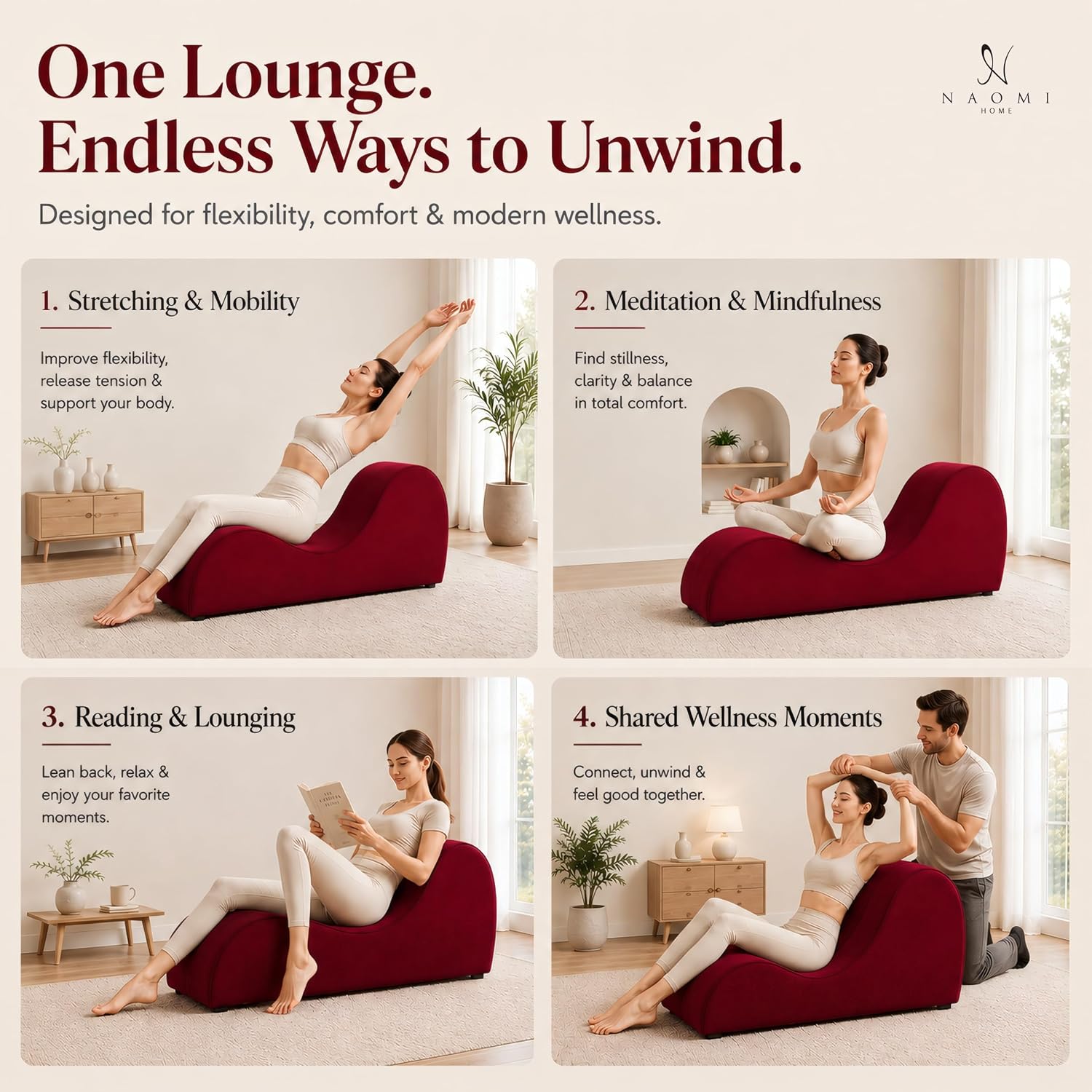 Naomi Home Yoga Chair for Adults - Ergonomic Yoga Chaise Lounge Bench, Wood & Metal Frame, 330 lb Capacity, Upholstered Microfiber Lounge for Deep Stretching, Relaxation & Creative Comfort - Red