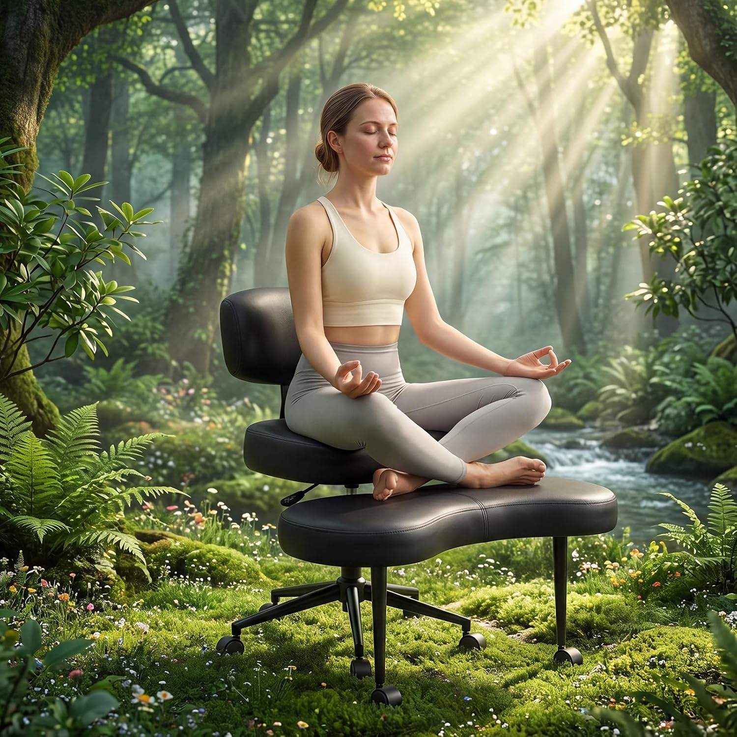 Ergonomic Cross Legged Office Chair with Adjustable Backrest and Seat, 360° Swivel Meditation PU Leather Yoga Stool Desk Chair for ADHD with Footrest, 350lbs Capacity, Black