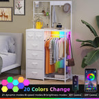 YAOHUOO Dresser with 6 Drawers and Hanging Rack, White | 6 Drawer Dresser, Hanging Rack, Charging Station, LED Light, Shoe Rack, Side Hooks, Entryway, Bedroom