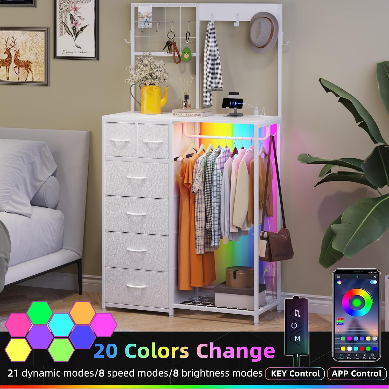 YAOHUOO Dresser with 6 Drawers and Hanging Rack, White | 6 Drawer Dresser, Hanging Rack, Charging Station, LED Light, Shoe Rack, Side Hooks, Entryway, Bedroom