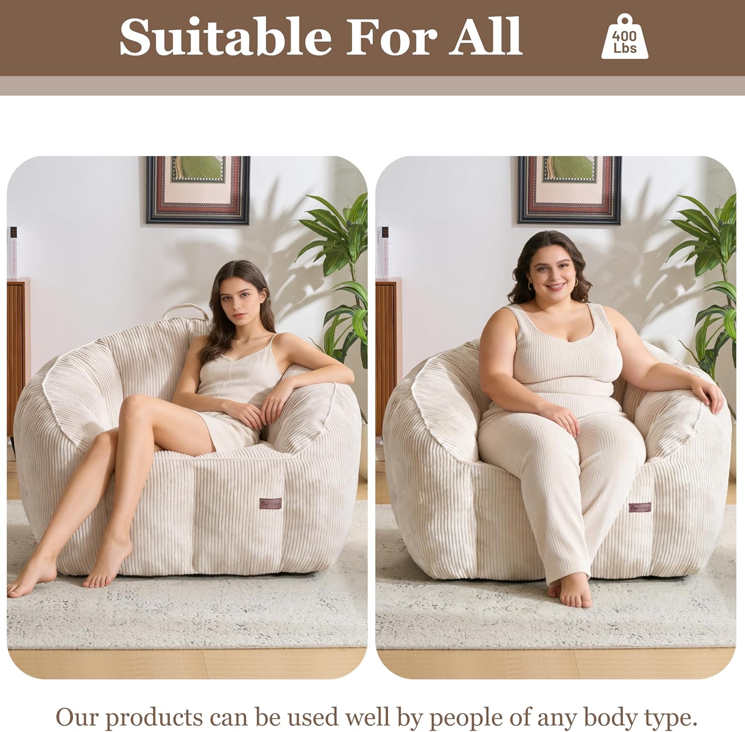 Royal Windsor Giant Bean Bag Chairs for Adults, 47 Inch Oversized Bean Bag Couch with Armrests, Lazy Floor Lounge Sofa Comfy Reading Chair for Living Room, Bedroom & Dorm, Beige