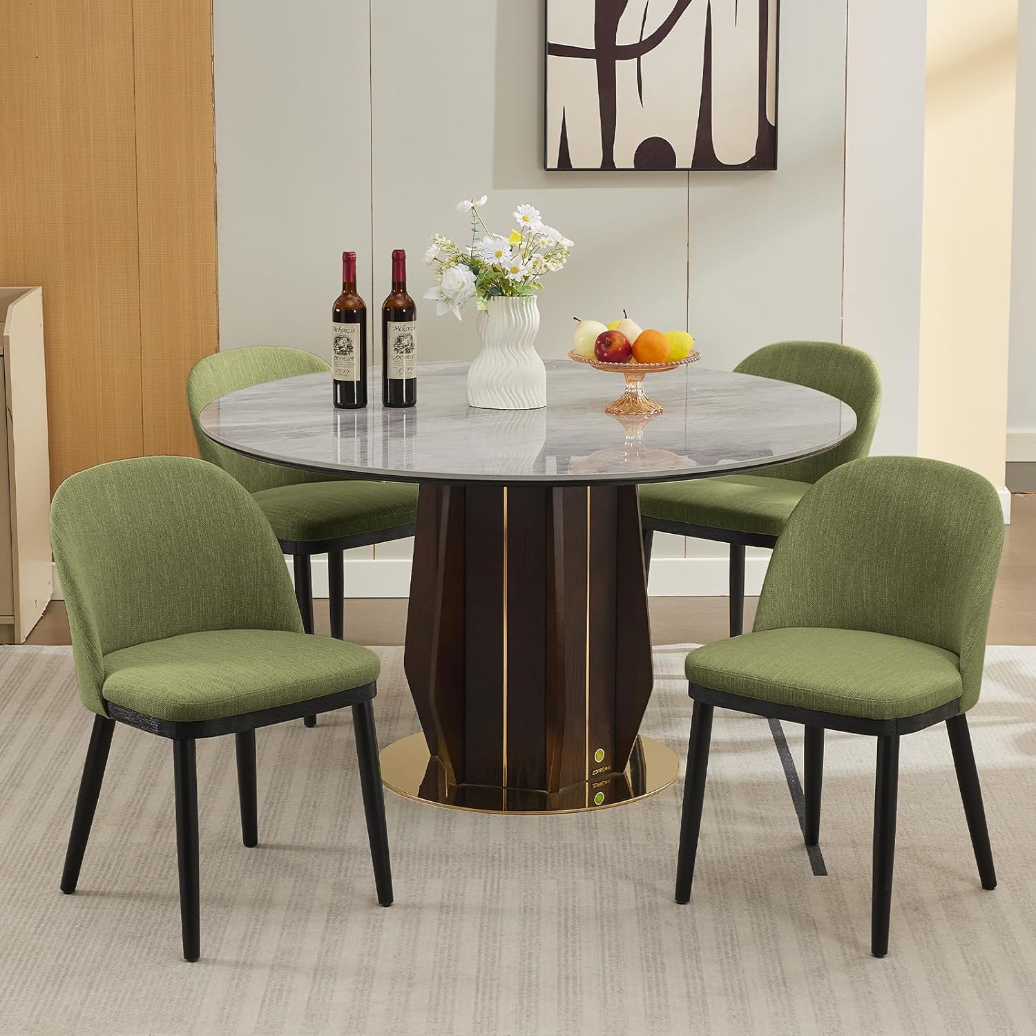 Garvee Wooden Dining Chairs Set of 4, Upholstered Kitchen Dining Room Chair, Modern Linen Fabric Farmhouse Dinner Chair with Leveling Feet/High Backrest Support for Dining Room, Living Room,Green