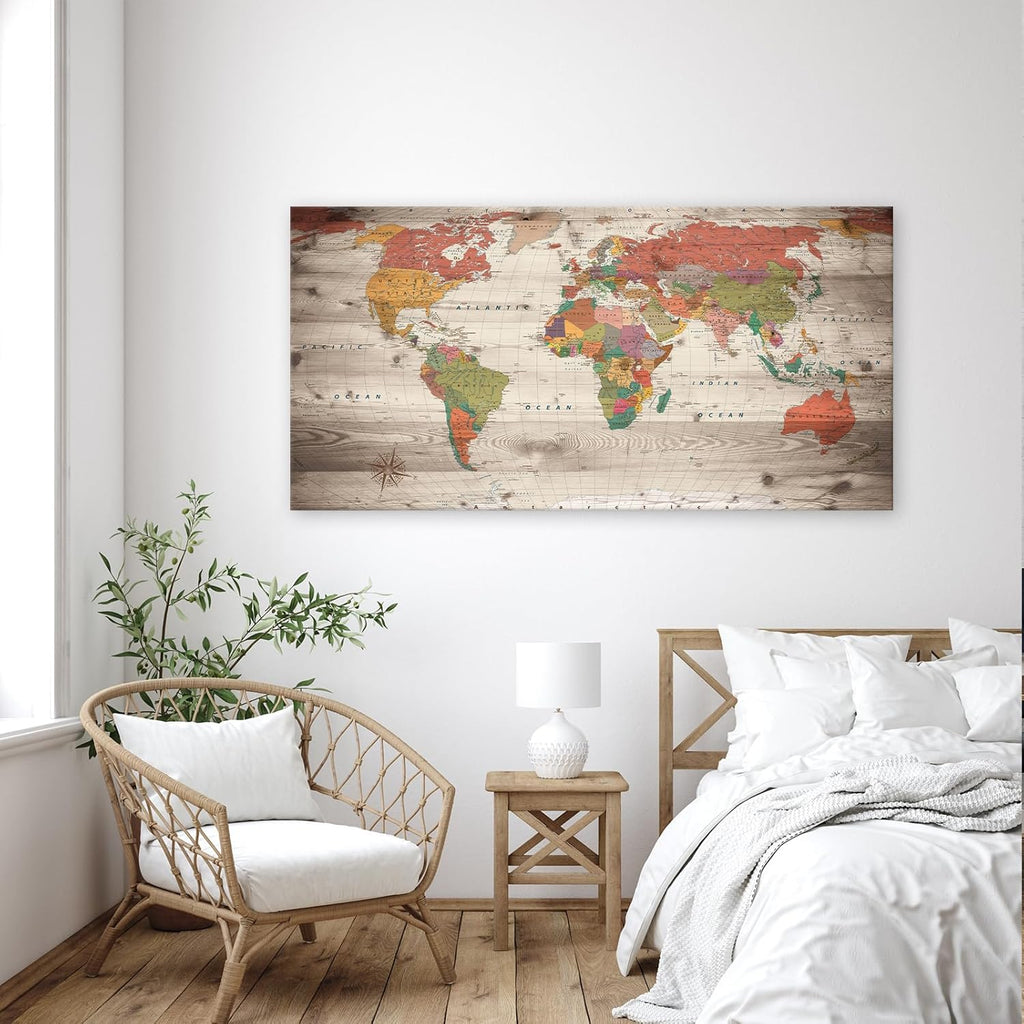 Vintage World Map Wall Art, Large Antique Style Map on Wood Plank Background, Retro Political World Map Poster for Living Room, Office, Study Decor, Canvas Print/Wall Decor