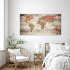 Vintage World Map Wall Art, Large Antique Style Map on Wood Plank Background, Retro Political World Map Poster for Living Room, Office, Study Decor, Canvas Print/Wall Decor