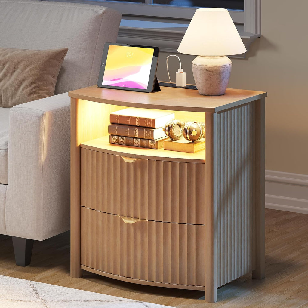 Dystler Fluted Night Stand with Gun Drawer & Card-Lock, 19.7" W Curved Nightstand with Charging Station and LED Lights, 2 Drawers Smart Bedside Table for Bedroom (1, Oak)