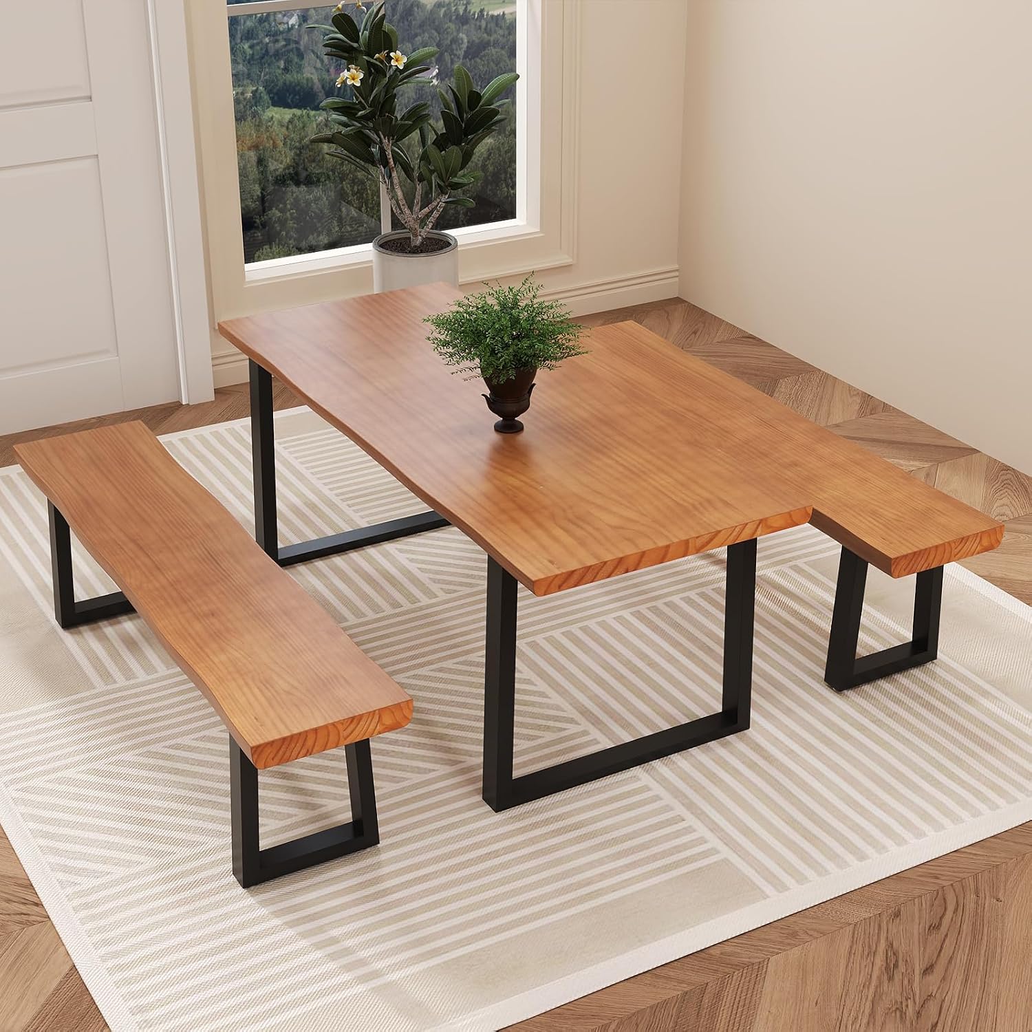 Durable Solid Wood Top Bench with Sturdy Metal Legs – Versatile Dining & Office Seating - Multi-Size Options Ideal for Living Room, Dining Room, and Home Office(Dark yellowbench, 70.87in)