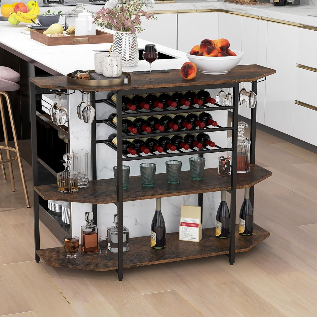 COSTWAY Wine Bar Cabinet, 3-Tier Liquor Cabinet with Power Outlets, Wine Bottle Racks, Glass Holders, Coffee Bar Cabinet, Freestanding Mini Bar Table for Kitchen, Dining Room, Pub (Rustic Brown)