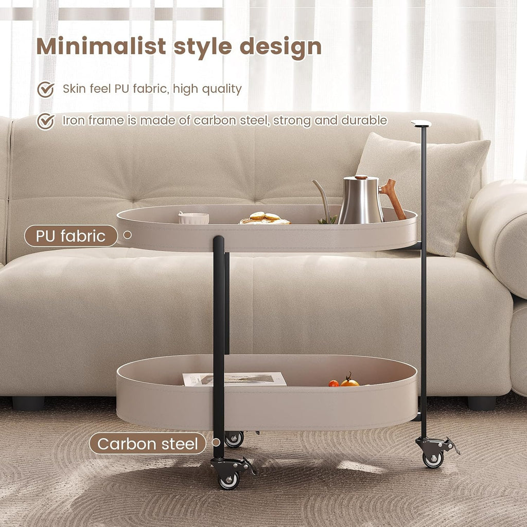 Oval Mobile Side Table with Lockable Wheels,Modern 2-Tier Storage Bedside Table,End Table for Living Room, Bedroom, Small Space,Easy Assembly