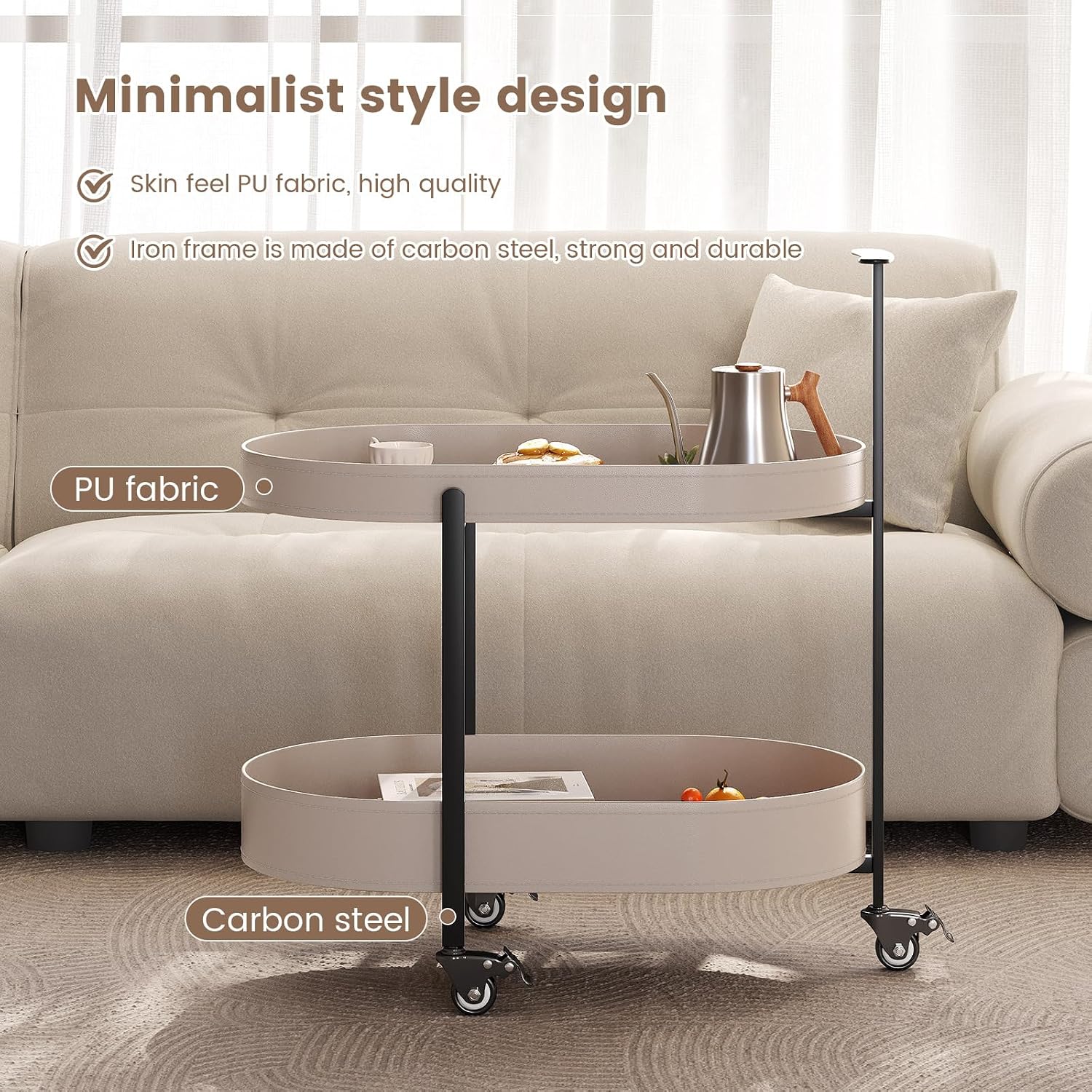Oval Mobile Side Table with Lockable Wheels,Modern 2-Tier Storage Bedside Table,End Table for Living Room, Bedroom, Small Space,Easy Assembly